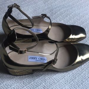 Jimmy Choo Gold Block Heels with Ankle Straps 38